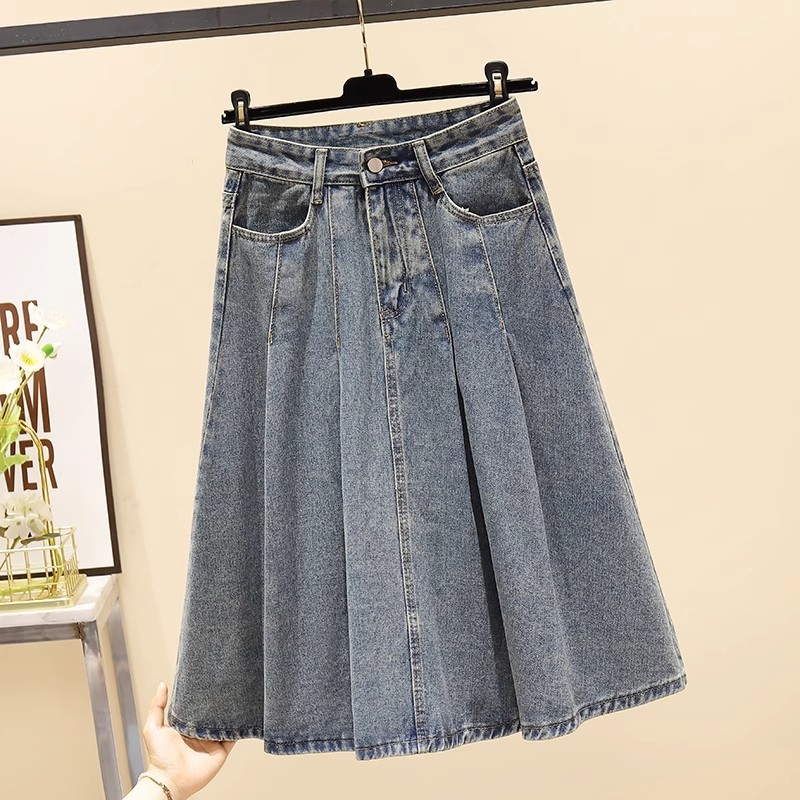 S~5XL Women Casual Midi Denim Skirt กระโปรงทรงเอจีบพลีตสไตล์วินเทจ กระโปรงยีนส์เอวสูงทรงหลวมสไตล์ลำลอง HOT