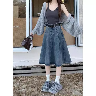 S~5XL Denim skirt for women A-line skirt กระโปรงทรงเอจีบพลีตสไตล์วินเทจ กระโปรงยีนส์เอวสูงทรงหลวมสไตล์ลำลอง HOT