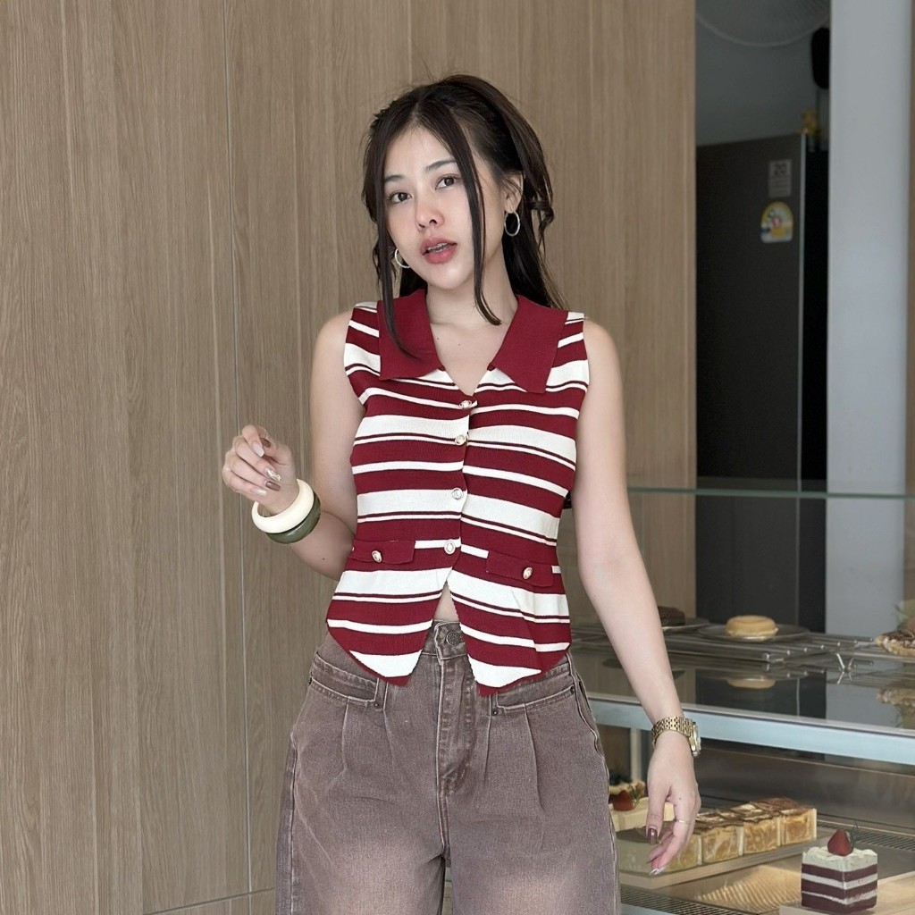 SpinnyHouse เสื้อกล้ามคอวี ทรงคอปกกระดุม แต่งกระดุมผ่าหน้า ผ้าไหมพรม สาวอวบใส่ได้ รุ่น เงินด่วน ราคา ถูกที่สุด ดีลบีเคเค แกลเลอรีภาพที่ 3