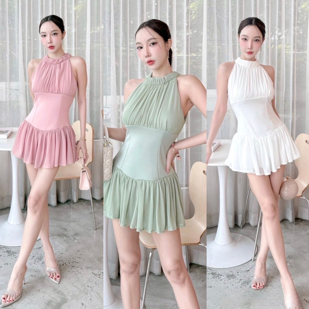 D071 - เดรสสั้นซับกางเกง แต่งผ้าซีทรู ชุดเดรสลูกคุณ สวยดูแพง