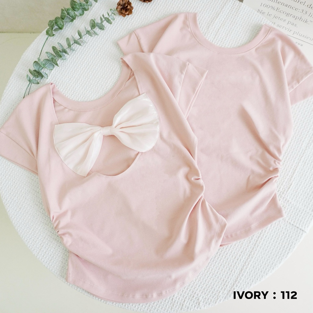 VV890-IVORYเสื้อยืดผ้ายูนิโคล่  เว้าหลังติดโบว์ แขนสั้นหยุมข้าง