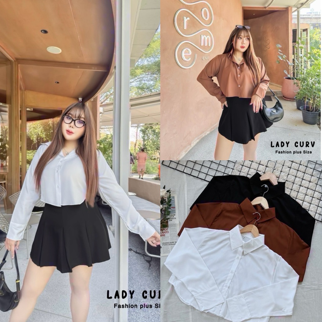 (LC) เสื้อครอปแขนยาว ดีเทลเว้าโค้ง พรางหุ่นได้ดี ใส่เที่ยว ใส่ทำงานได้ เสื้อผ้าสาวอวบอ้วน พลัสไซส์ ไซส์ใหญ่