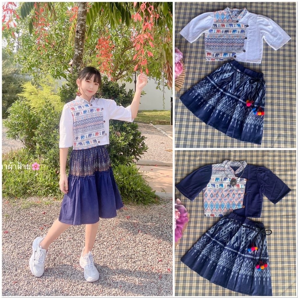 ชุดเซ็ตพื้นเมืองของเด็กผู้หญิงเสื้อผ้าฝ้ายแต่งลายช้างกระดุมกะลา+กระโปรงผ้าฝ้ายพิมพ์ลายไทย