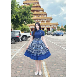 TANTANOD-รหัสTL77 เดรสคอจีนกระโปรงบานแต่งโบว์จิ๋ว