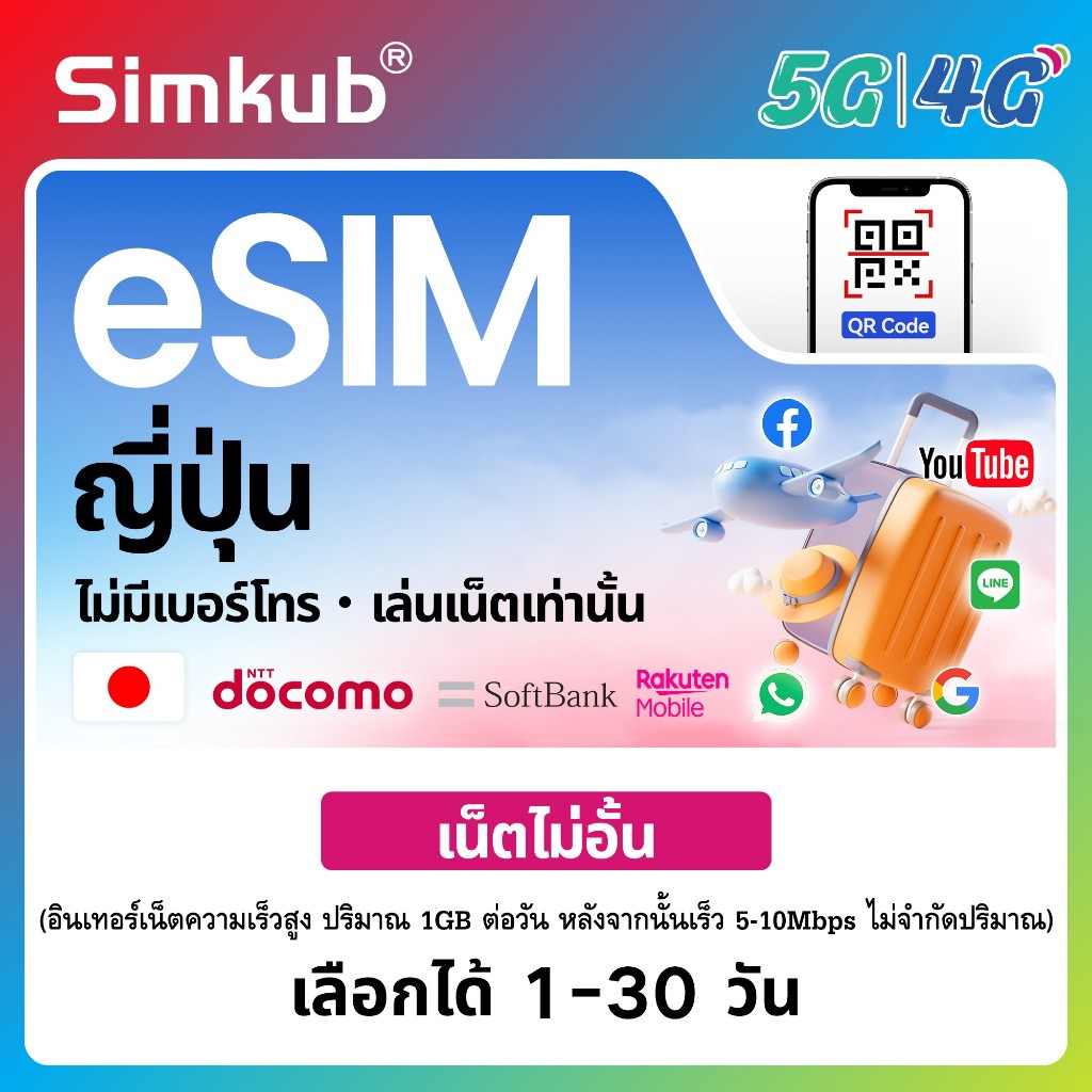 eSIM Japan เครือข่าย SoftBank/docomo ซิมท่องเที่ยว ญี่ปุ่น เน็ตไม่จำกัด รองรับ 5G/4G เลือกได้ 1-30 ว