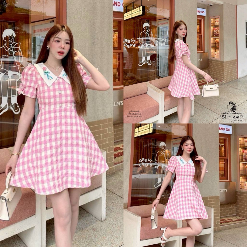 (อกเล็กจับตึงตรงไซส์) เดรสสั้น ลายสก็อต แขนแต่งโบว์ คอปกปัก งานป้าย si-am