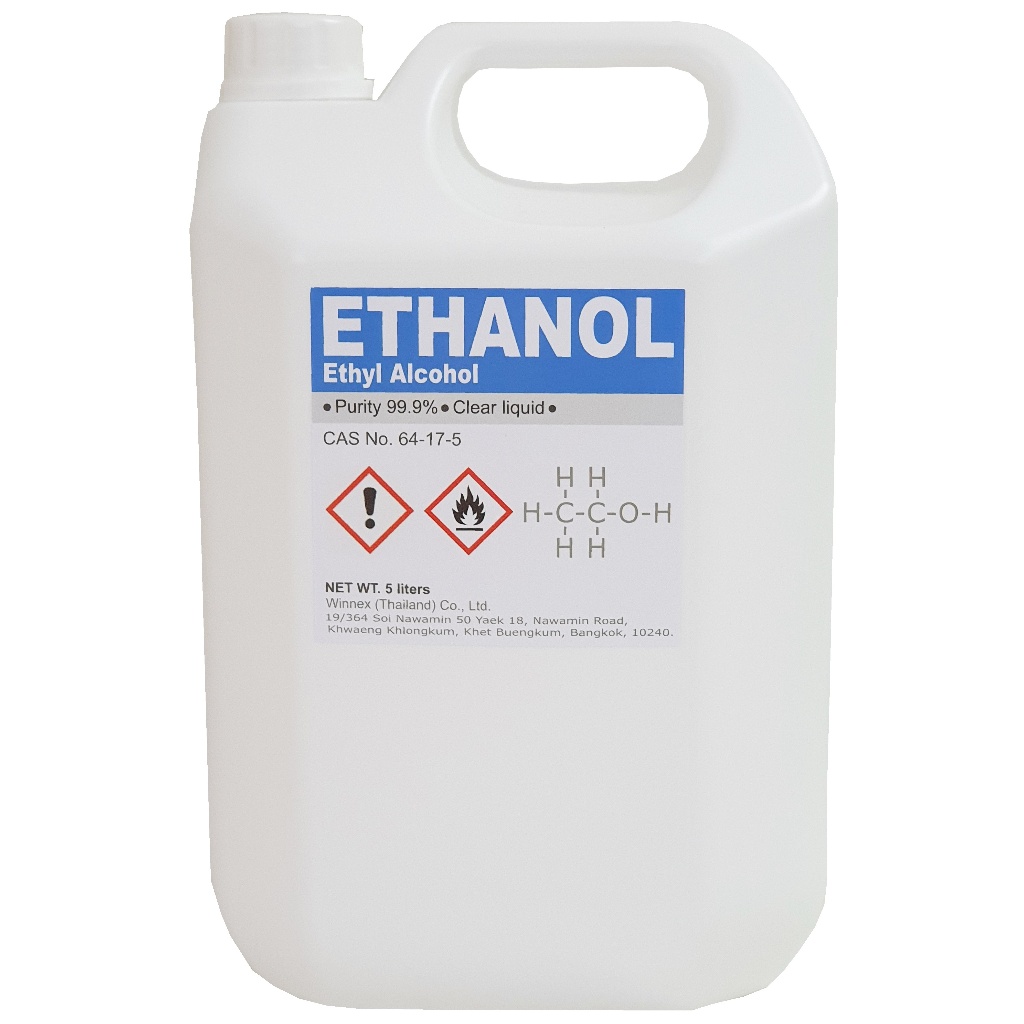วัตถุดิบ Ethanol 99.9% หรือ Ethyl Alcohol 99.9% ปริมาณ 5 Liters (ไม่มีสี มีกลิ่นละมุน ไม่ฉุน clear l