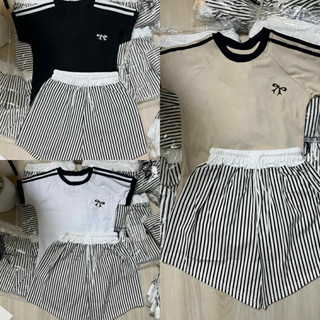เซ็ตริ้วขาสั้นโบว์น่ารัก เสื้อแขนสั้นปักโบว์+กางเกงขาสั้นลาย…