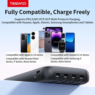 TRANYOO TIS 20000mAh power bank with 4 built-in charging cables, Mi&ro/Type-C/Light&ing/USB power display, fast charging