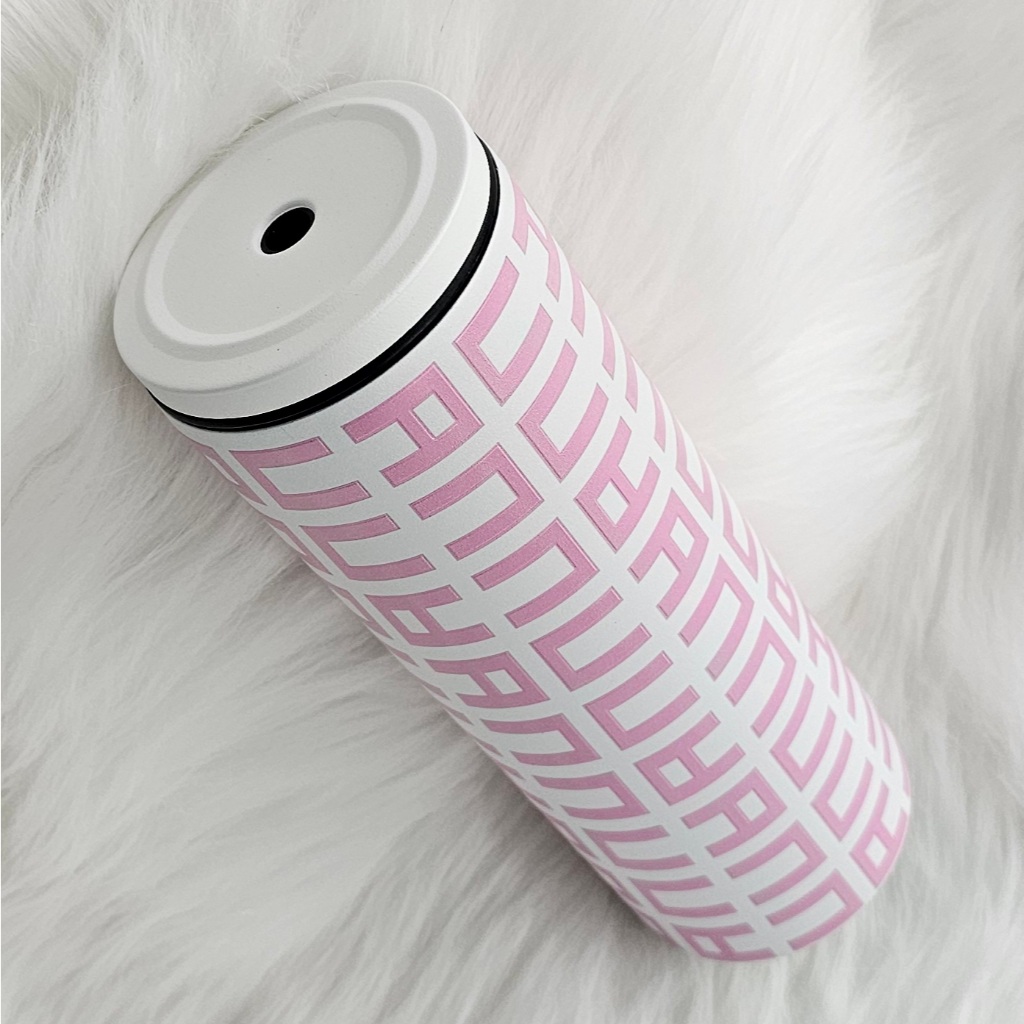 แก้วเก็บความเย็น Monogram ชื่อตัวเอง (English) แก้วสีขาว พาดลายสีชมพู