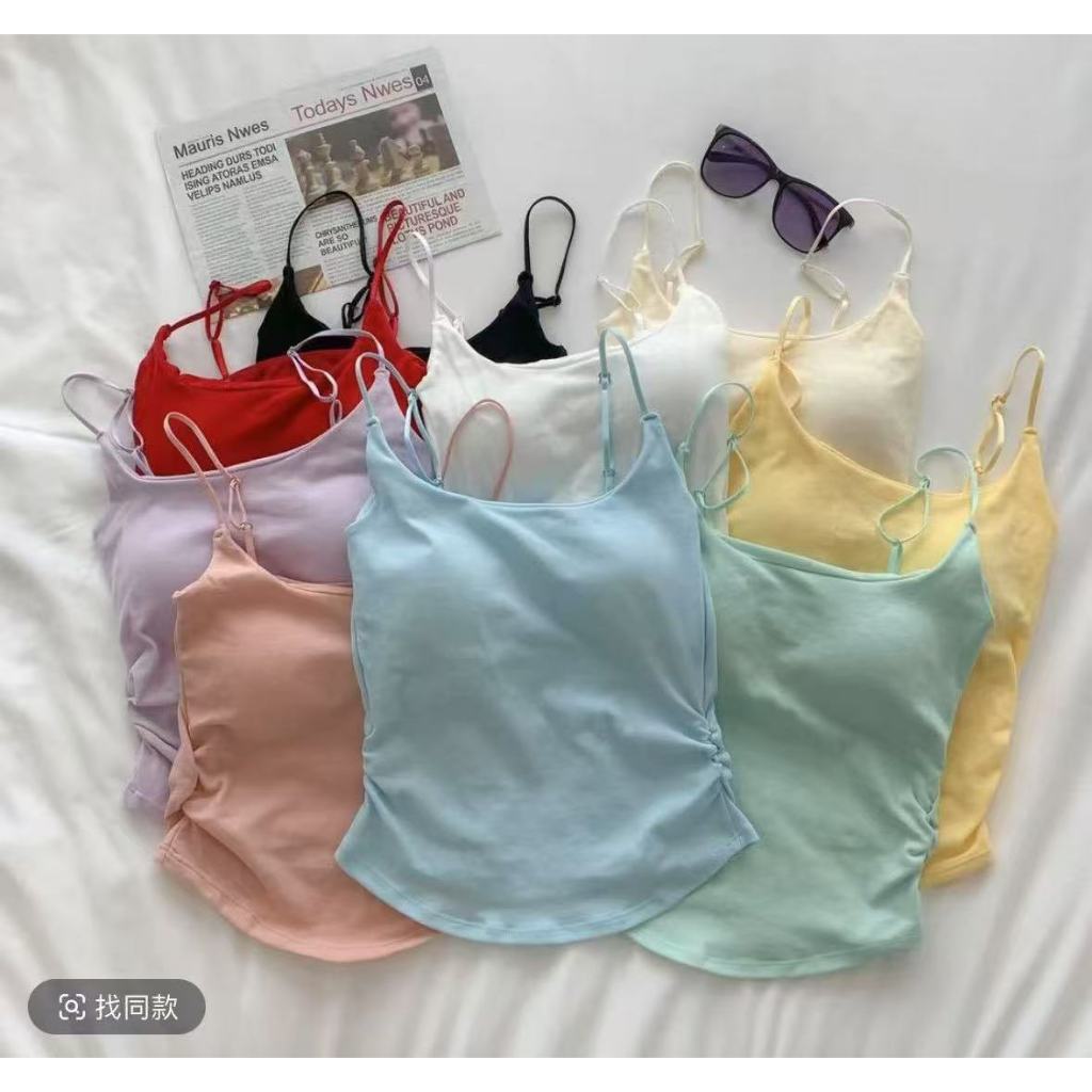 เสื้อสายเดี่ยวผู้หญิง เสื้อเกาะอกระบายจีบ ตัวยาว มีฟองน้ำ เย็บติด สีพื้น ผ้านิ่ม