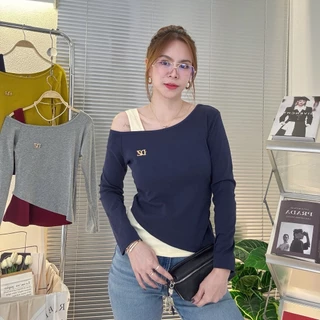 099-100 เสื้อยืดแขนยาว ทูโทนเบี่ยงไหล่ ผ้าCotton supersoft