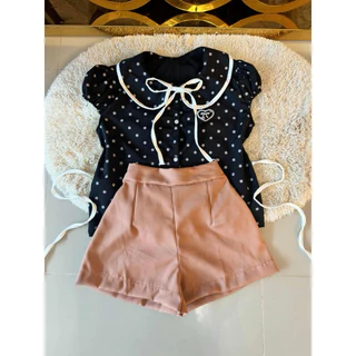 ชุดเซต2ชิ้นเสื้อเเขนตุ๊กตาคอปก/ลายจุด+กางเกงขาสั้น(เอวสม็อค)S20