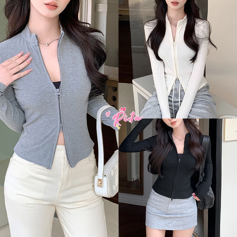 Rita พร้อมส่ง🍒เสื้อแจ็คเก็ต มีซิปคู่ เสื้อแขนยาวทรงครอป เสื้อรัดรูป สีพื้นเรียบๆ กีฬาและการพักผ่อน แฟชั่นผู้หญิง