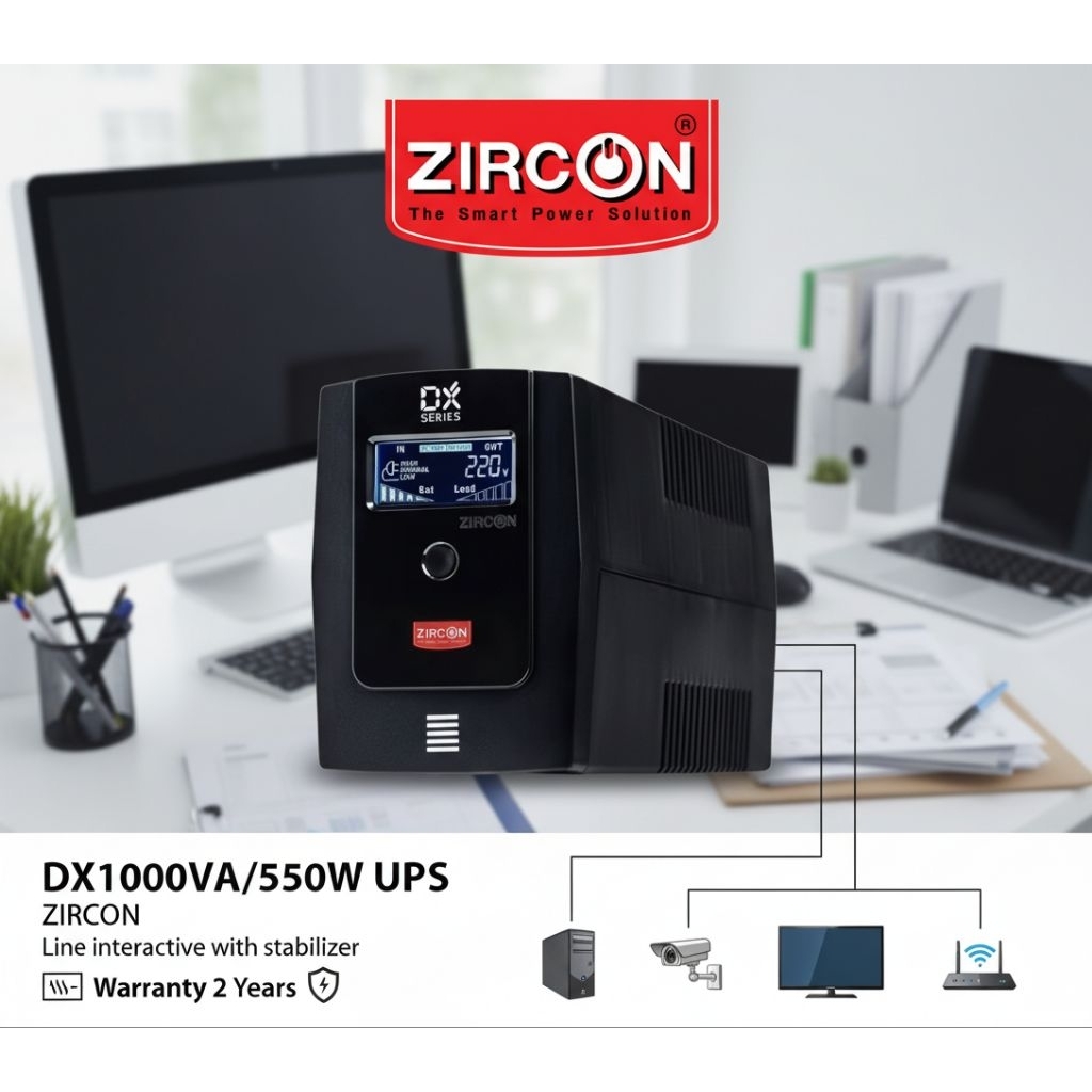 ZIRCON DX 1000VA/550W Smart UPS หน้าจอดิจิทัล Line Interactive with stabilizer ประกัน 2 ปี