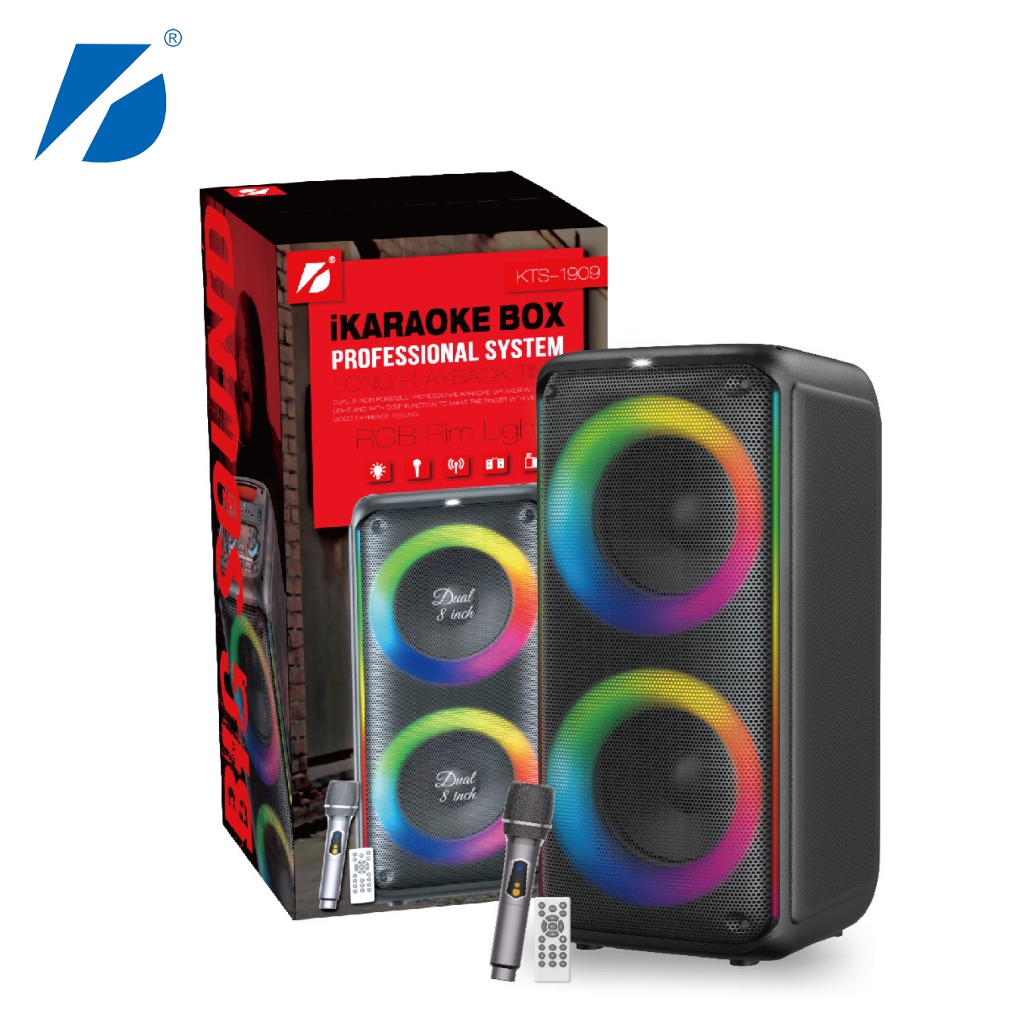 KTS-1909 ลำโพงบลทูธ ขนาด 8x2 นิ้ว มาพร้อมไมโครโฟนไร้สาย 1 ตัวและรีโมทไร้สาย