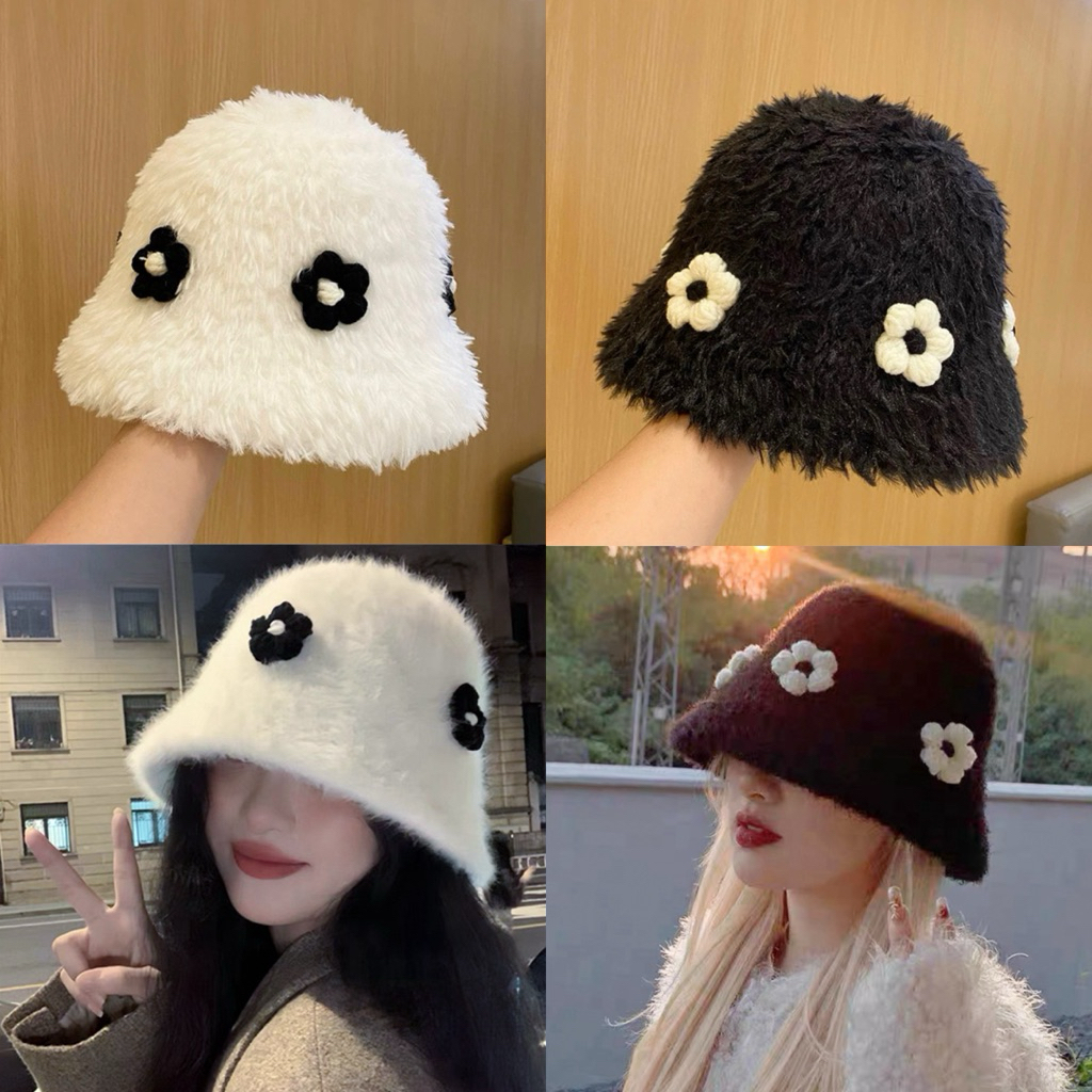(LN) หมวกทรงบัคเก็ต กันหนาว ขนเทียมปีกแคบ (ดอกไม้)
