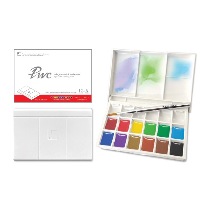 ShinHan PWC Extra Fine WaterColor Half Pan Set12 Colors + 6 Wells (S1215020-0012) / เซ็ทสีน้ำ 12สี พร้อมพู่กันรุ่นพกพา