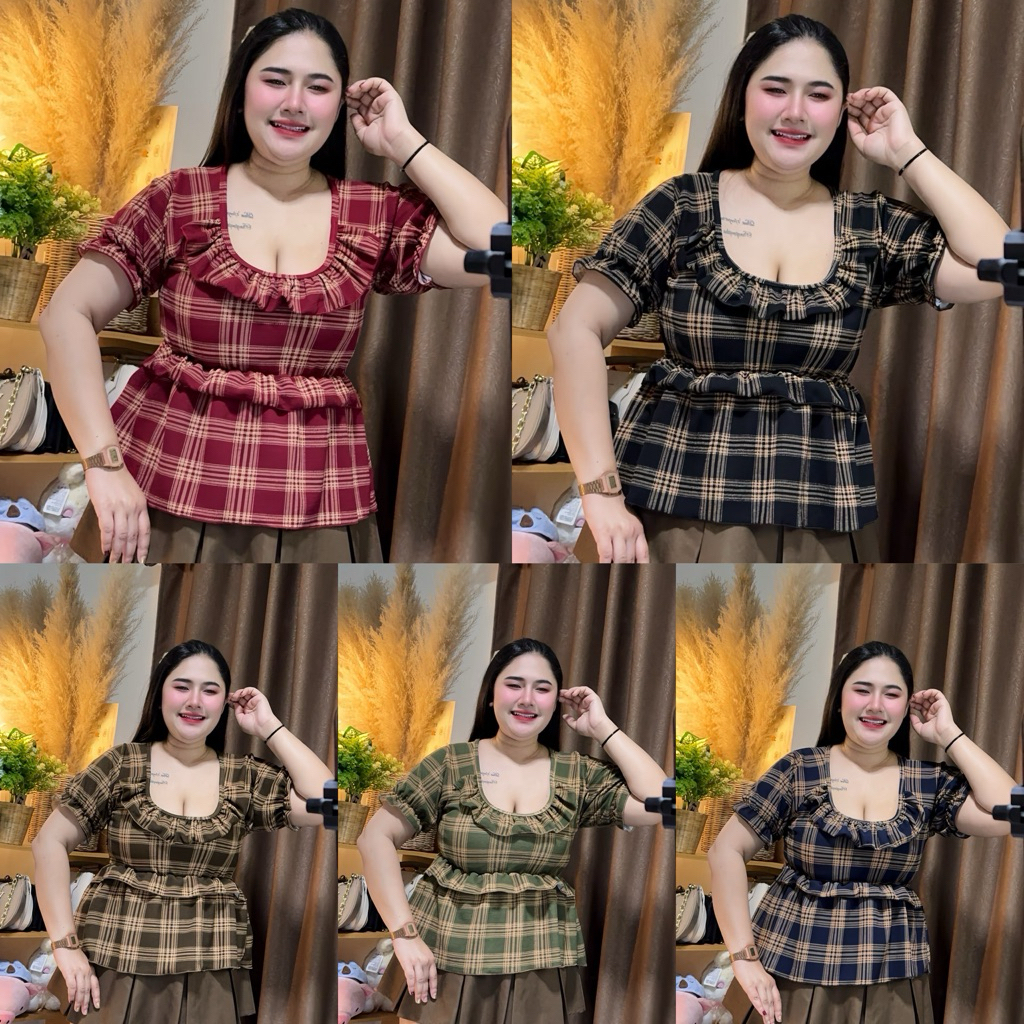 เสื้อสาวอวบ ลายน่ารัก แต่งคอบัว ลายสก็อต ใส่ได้ทุกเทศกาล  (A77)