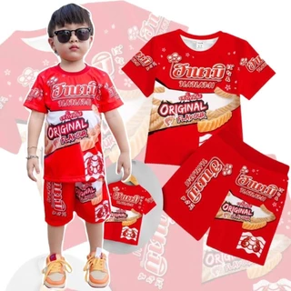 ชุดเด็กฮิตๆ ลายขนม เสื้อแขนสั้น กางเกงขาสั้น ผ้าไมโคร พิมพ์ลายทั้งชุด