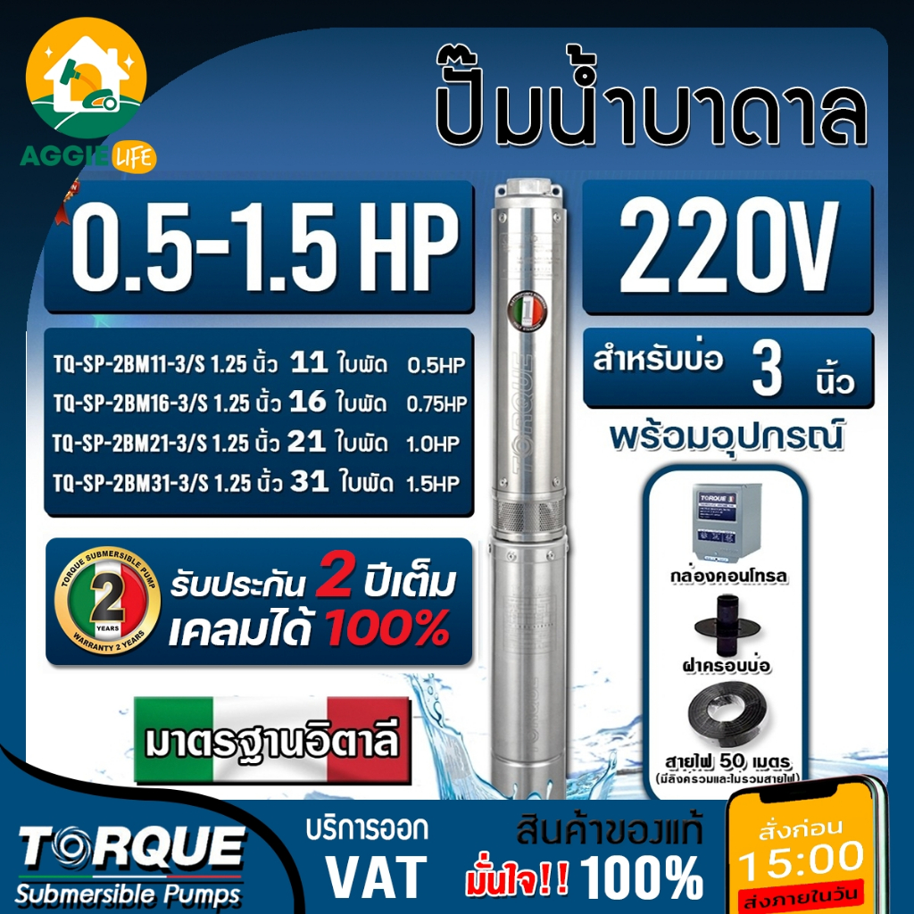 TORQUE ปั๊มบาดาล 0.5-1.5HP 220V. บ่อ 3 นิ้ว (TQ-SP-2BM11-3/S / TQ-SP-2BM16-3/S / TQ-SP-2BM21-3/S / T