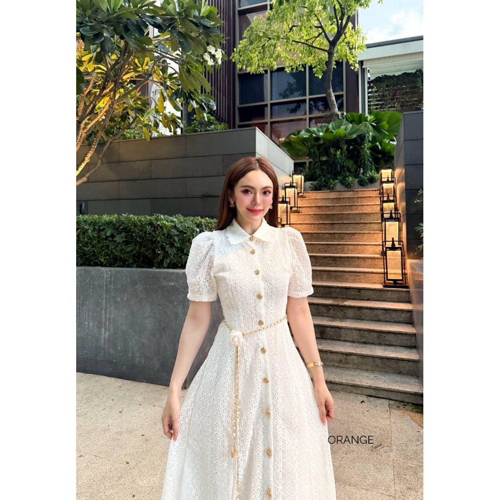 ครบไซซ์ S-5XL❗เดรสลูกไม้ขาวสวยหรู!!! Maxi Dress เดรสสีขาวผ้าลูกไม้กระดุมหน้า+เข็มขัดโซ่ งานป้าย Orange Juice ราคา ถูกที่สุด ดีลบีเคเค แกลเลอรีภาพที่ 5