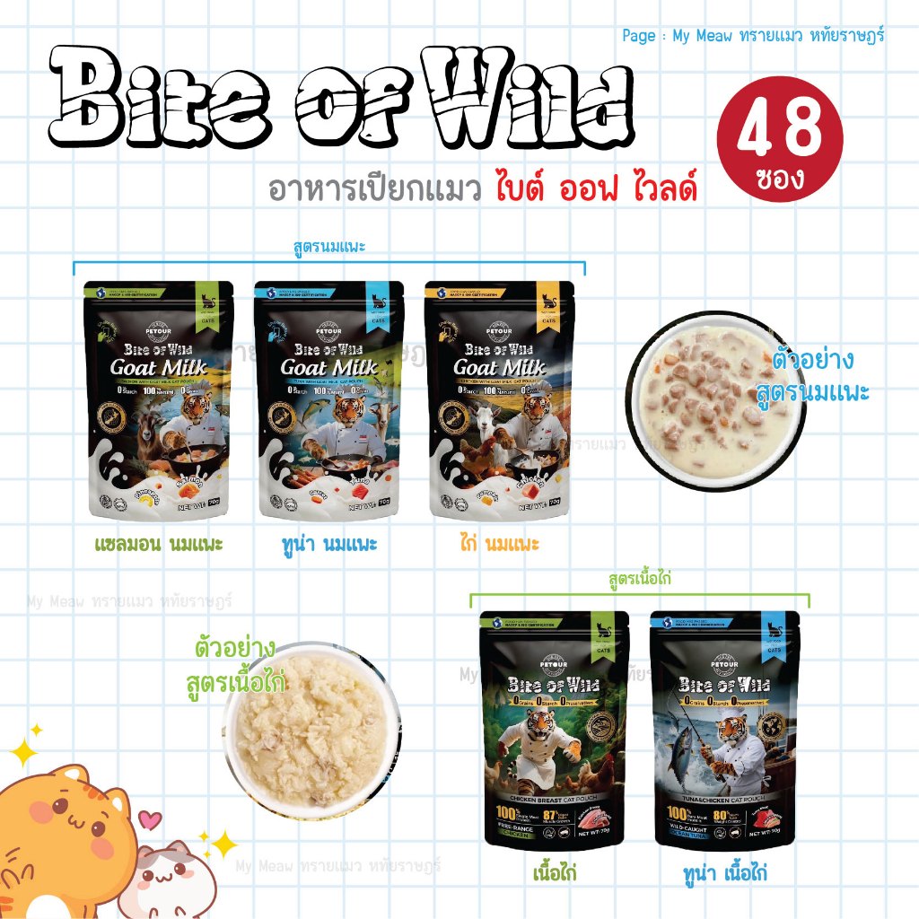 🔥 ยกลัง 48 ซอง 🔥 Bite of Wild Pouch อาหารเปียกแมว ขนาด 70 g.อกไก่ ทูน่าไก่ นมแพะ ไก่ แซลมอน ทูน่า