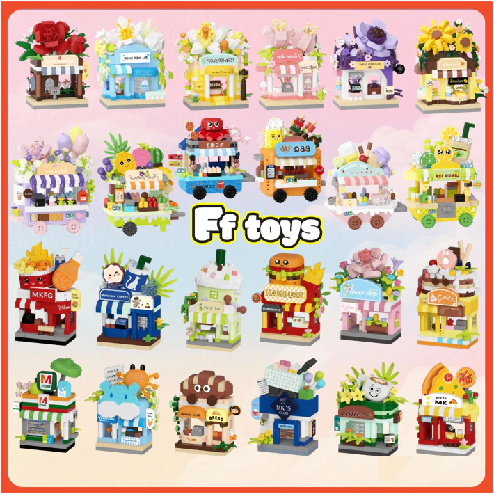 🏪🌈ตัวต่อร้านค้าแนวสตรีท 6 แบบ คาเฟ่ ร้านเบอร์เกอร์ ร้านดอกไม้ DIY ประกอบ 7cm ของเล่นเด็ก ของขวัญ Christmas ปีใหม่ <FF>
