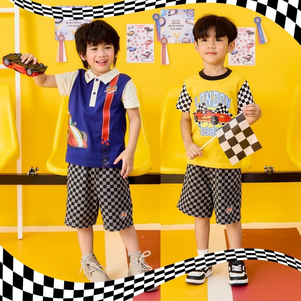 e'clat กางเกงขาสั้นเด็ก เอวยางยืด ผ้าพิมพ์ลายตาราง กางเกงเด็กผู้ชาย 1-6ปี ผ้า100%cotton 9109