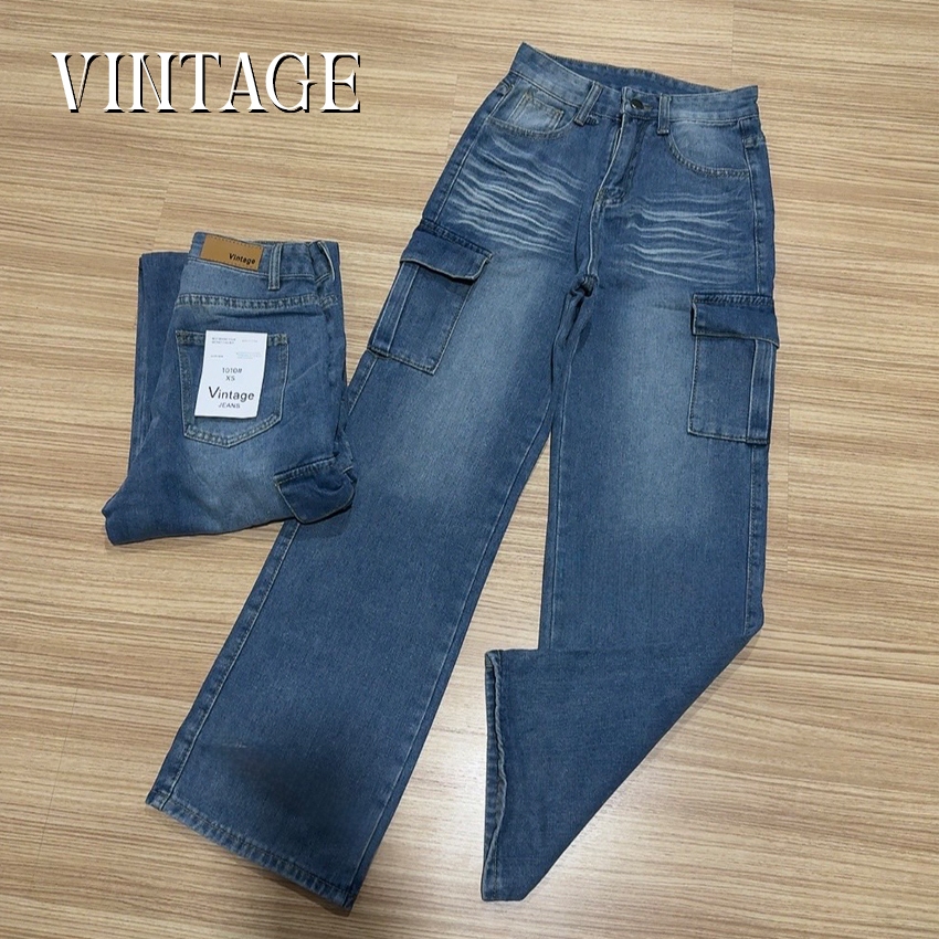 Vintage รุ่น #1010 กางเกงยีนส์ คาร์โก้ ทรงกระบอก แต่งเฟดขา ทรงสวยผ้าไม่ยืด กระเป๋าตรง 2 ใบ ราคา ถูกที่สุด ดีลบีเคเค