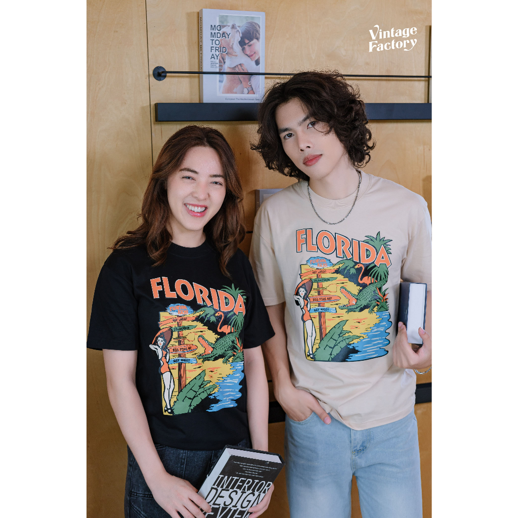 Vintage Factory เสื้อยืด (รุ่นใหม่ล่าสุด) FLORIDA งานสกรีน (มี 5 สี ดำ ขาว ครีม แดง กรม) - ผ้าคอตตอน