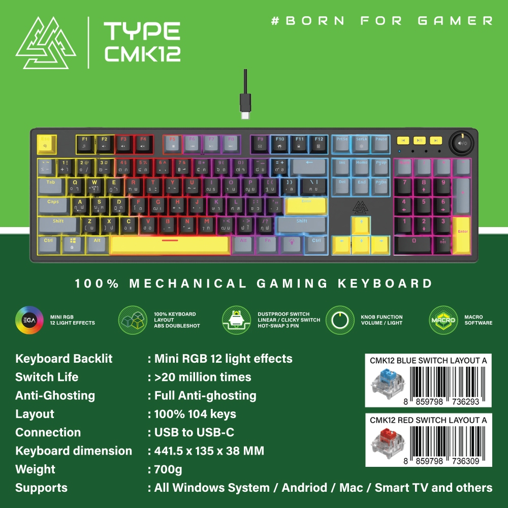 EGA  TYPE CMK12 คีย์บอร์ดเกมมิ่ง  Full-Size 104 ปุ่ม คีย์บอร์ดมีไฟ Mini RGB   ปร