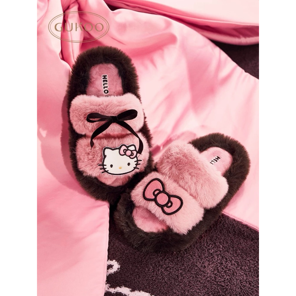 ^งานพรี^ Gukoo รองเท้าแตะใส่ในบ้านผู้หญิง  รุ่น Hello Kitty น่ารักเท่ หวานปนคูล รองเท้าแตะขนฟูใส่ในบ