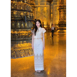 TANTANOD-รหัสTL24 ชุดเซตผ้าไทย เสื้อสไตล์ล้านนา กระโปรง(อัดกาว)ทรงแคบผ่าหลัง(ผ้าฝ้าย)
