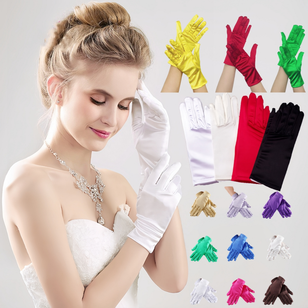 ถุงมือสั้นผ้าซาตินสำหรับผู้หญิงสีสดใส