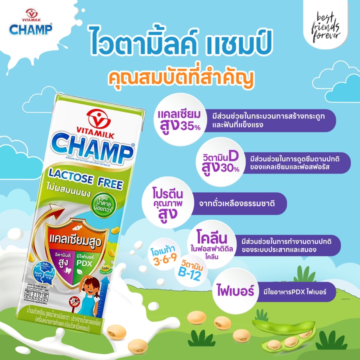 ไวตามิ้ลค์ แชมป์ Vitamilk Champ สูตรน้ำตาลน้อย แลคโตสฟรี 180 มล. (แพ็ค 12 กล่อง และ 48 กล่อง)