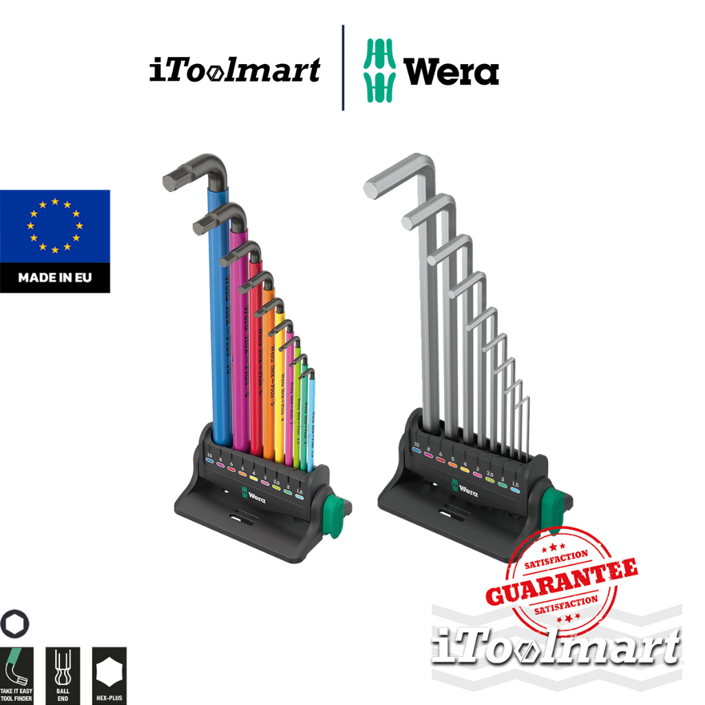 WERA ประแจหกเหลี่ยมหัวบอล 950/9 Hex-Plus Multicolour 3 ,metric, BlackLaser 05133165001 / Chrome-Plated 05022102001
