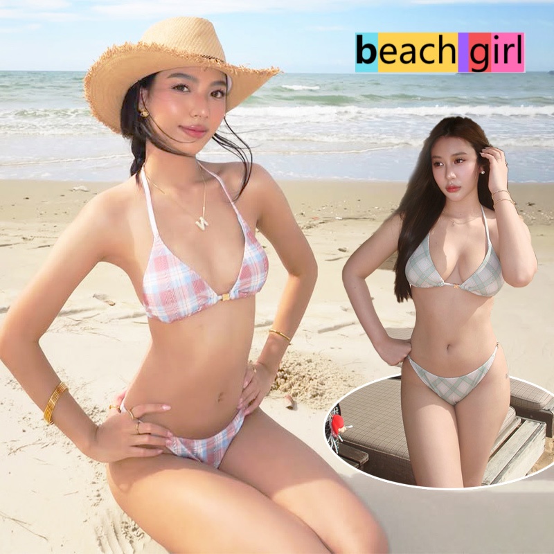 💕beachgirl💕ชุดว่ายน้ำ bikini ชุดว่ายน้ําผู้หญิง ผูกคอ ลายสก็อต โชว์หลัง มีฟองน้ำ sexy สไตล์แฟชั่นใหม่ๆ