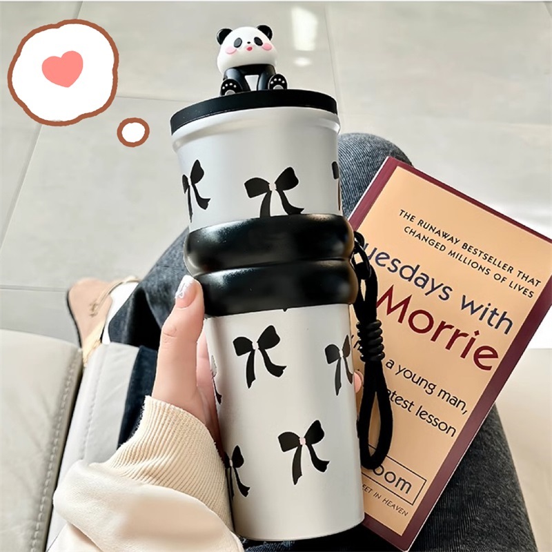 แก้วน้ำ 304 สแตนเลส การ์ตูนแพนด้า 700 มล มีหลอด ถ้วยสูญญากาศพกพาใช้ง่าย KKHOME