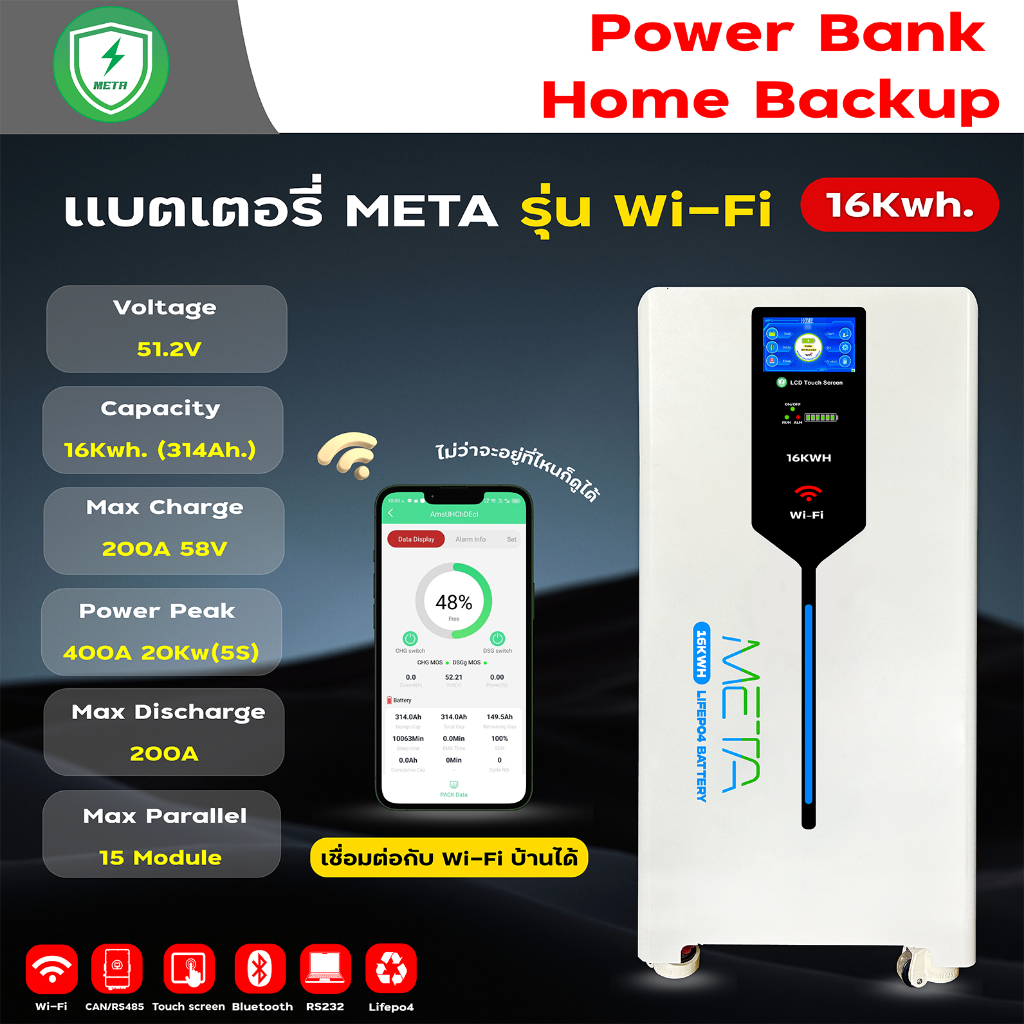 META Home Lithium Battery 51.2v 16Kwh. 314Ah.(รุ่น Wi-Fi) สำหรับเชื่อมต่อสื่อสารกับ Inverte