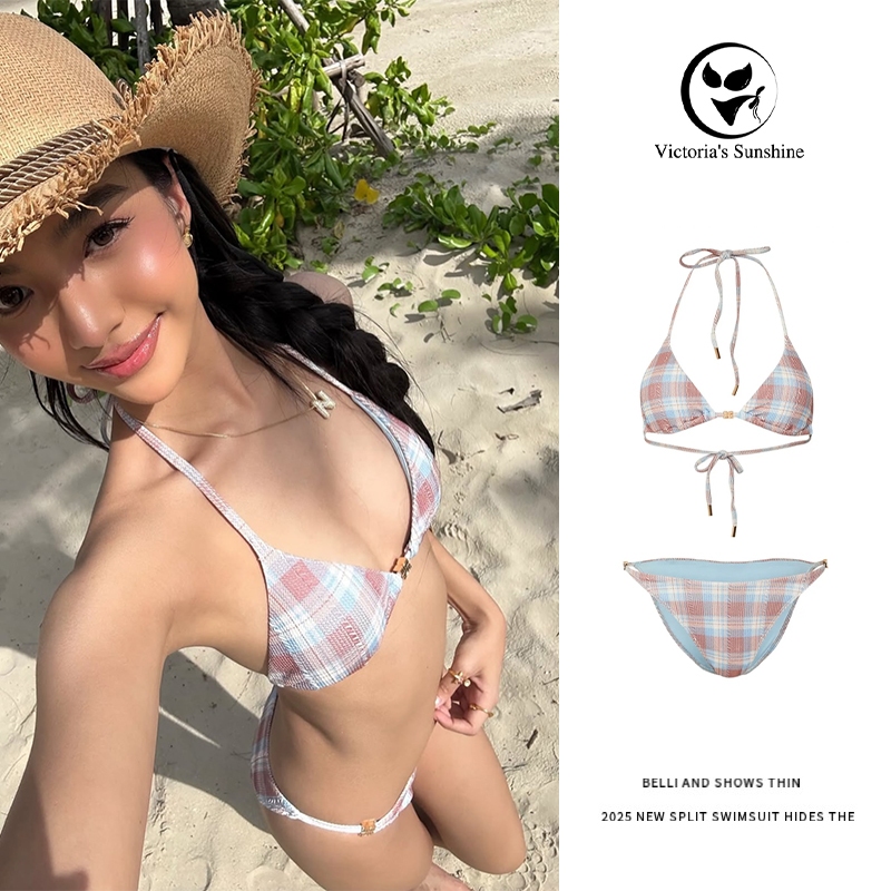 bikini Plaid เซ็กซี่ บิกินี่2ชิ้น เว้าหลัง ผูกคอ ไปเที่ยวพักผ่อนที่ชายหาด#0939