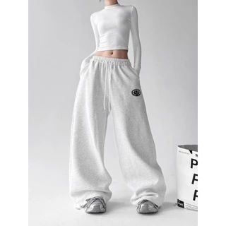 [Trendy font print, sports casual wide-leg pants]กางเกงกีฬาสีขาวพิมพ์ลายเทรนด์สำหรับผู้หญิง กางเกงขากว้างลำลอง
