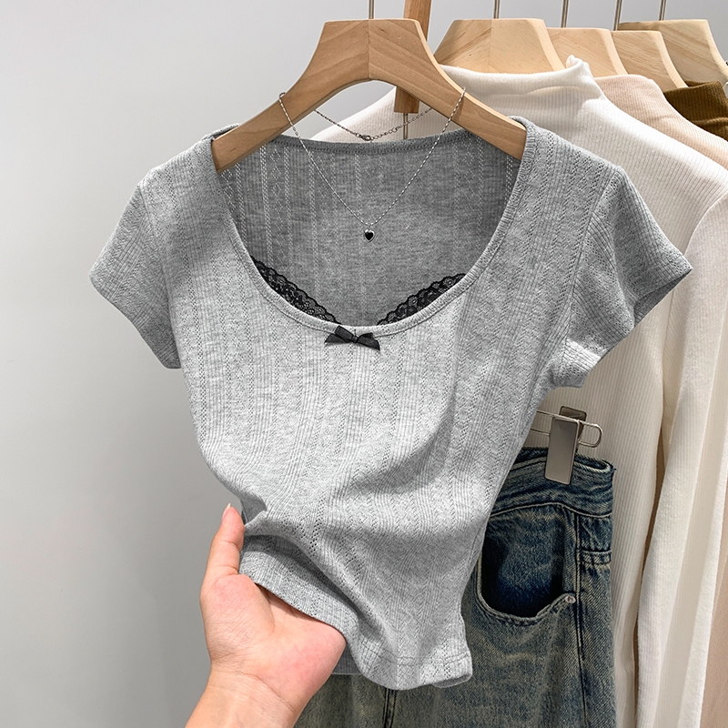 Y6Y - เสื้อครอปลูกไม้โบว์สุดเซ็กซี่ เสื้อยืดแขนสั้นทรงสลิมฟิตสุดเก๋สำหรับผู้หญิง