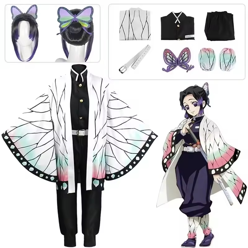 อะนิเมะปีศาจนักฆ่า Anime Kochou Shinobu Cosplay Costume Wig Set สูทเครื่องแบบฮาโลวีนปาร์ตี้ คอสเพลย์
