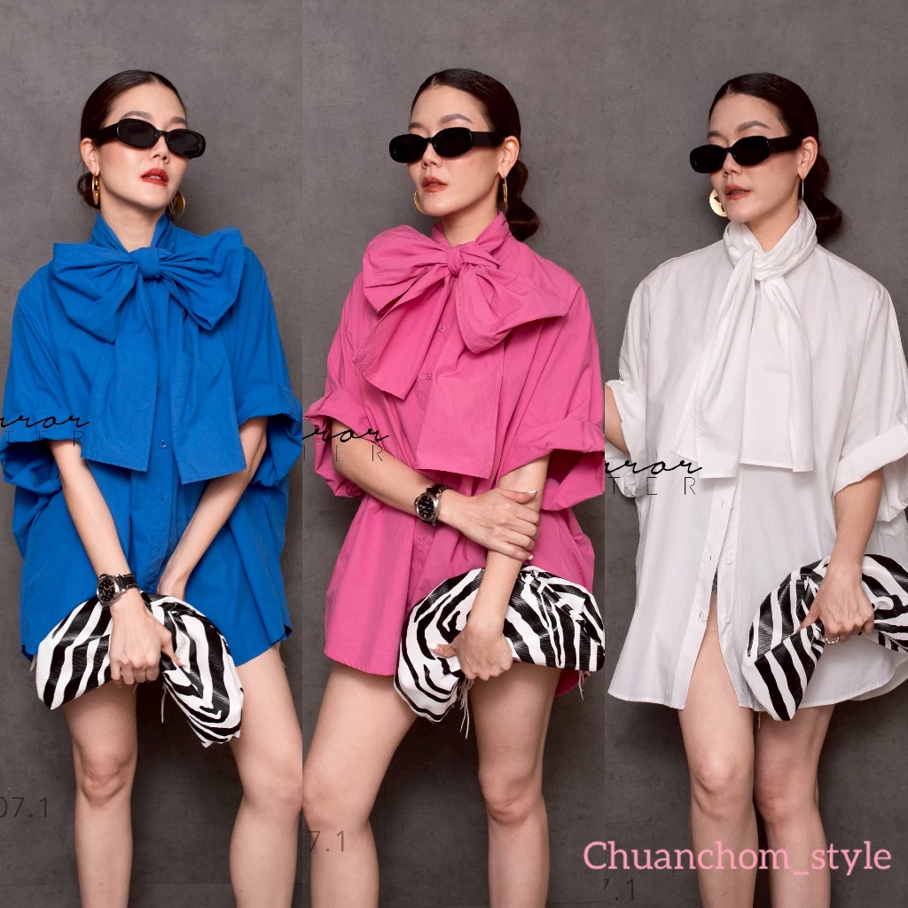 Mirrorsister 50807.1 เสื้อเชิ้ตโอเวอร์ไซส์ ดีไซน์คอปกผูกโบว์ใหญ่สุดชิค เนื้อผ้าเป็นทรง แมทช์ได้ทั้งกางเกงขาสั้นขายาว