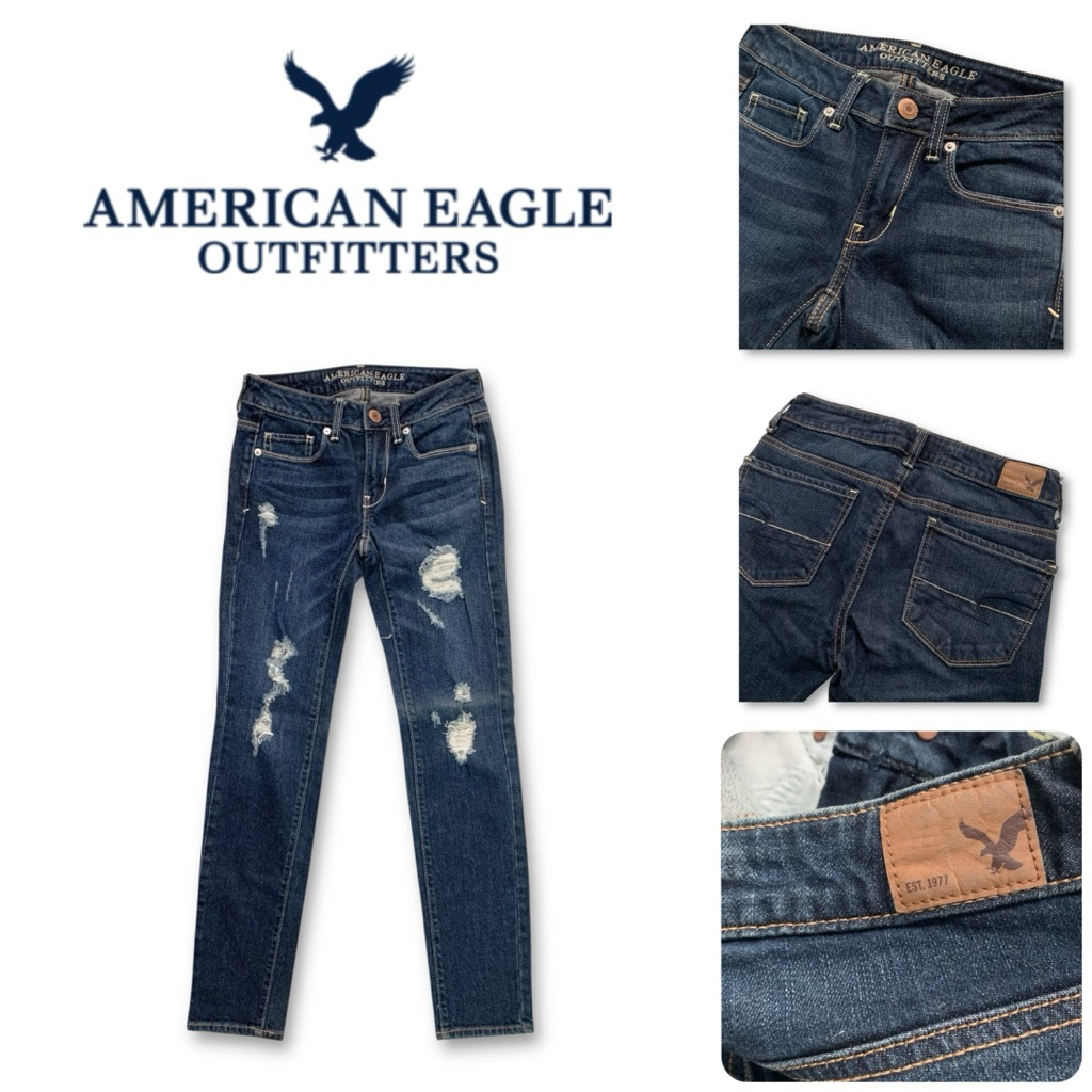 American Eagle ( LO128 ) กางเกงยีนส์ ขายาว ผู้หญิง ขาสกินนี่ ขาดขา ผ้ายืด