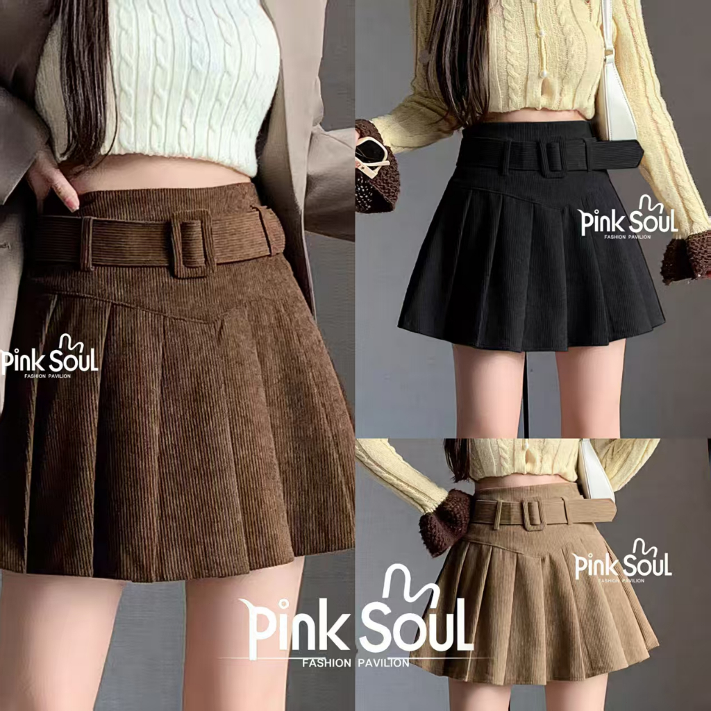 พร้อมส่ง กระโปรงลูกฟูก เอวสูง ซิปข้าง เข็มขัดผ้า จับจีบรอบตัวสีคลุมโทน แฟชั่นสไตล์ Y2K Clothing ผู้หญิง