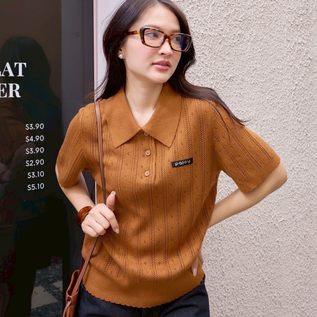 Paloy - PL1193 เสื้อไหมพรมแขนสั้นคอปก แต่งกระดุม สีพื้น - รูปที่ 5