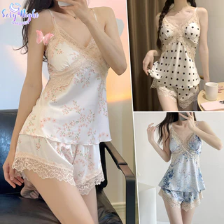เซตชุดนอน💗💗ชุดนอนซาติน sexy ชุดนอน 2 ชิ้น ชุดนอนลูกไม้เซ็กซี่ คอวีลึก ผ้าใส่สบาย ชุดอยู่บ้าน หลายสี พร้อมส่งจากไทย