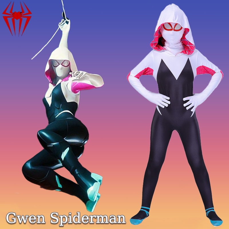 Gwen Spider เครื่องแต่งกายสําหรับเด็กและผู้ใหญ่สีขาว หน้ากาก สไตล์ฮาโลวีนเครื่องแต่งกายคอสเพลย์ ชุดสไปเดอร์แมน
